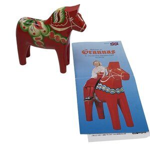 Swedish Dala Horse Hand-Painted Wooden Folk Art Orange Green with Brochure